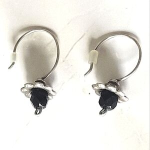 Vintage Dangly Flower Silver Black Bead Pierced Earrings